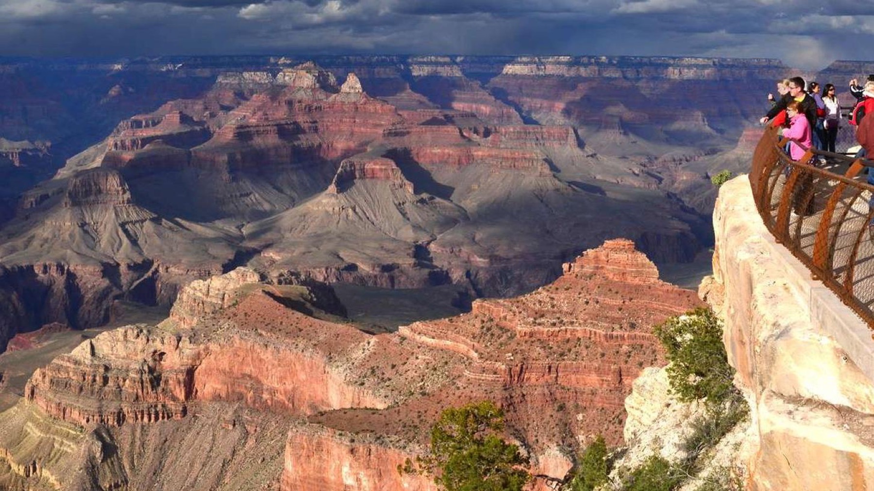 Paved Rim Trail and railed overlook at Mather Point, Grand Canyon South Rim