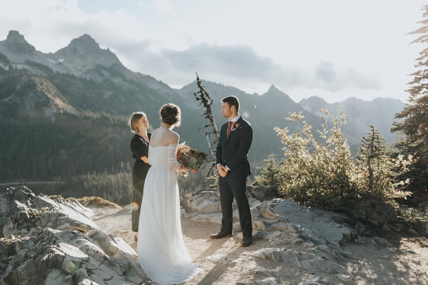 Mountain elopement ceremony with the Tatoosh peaks at Mount Rainier