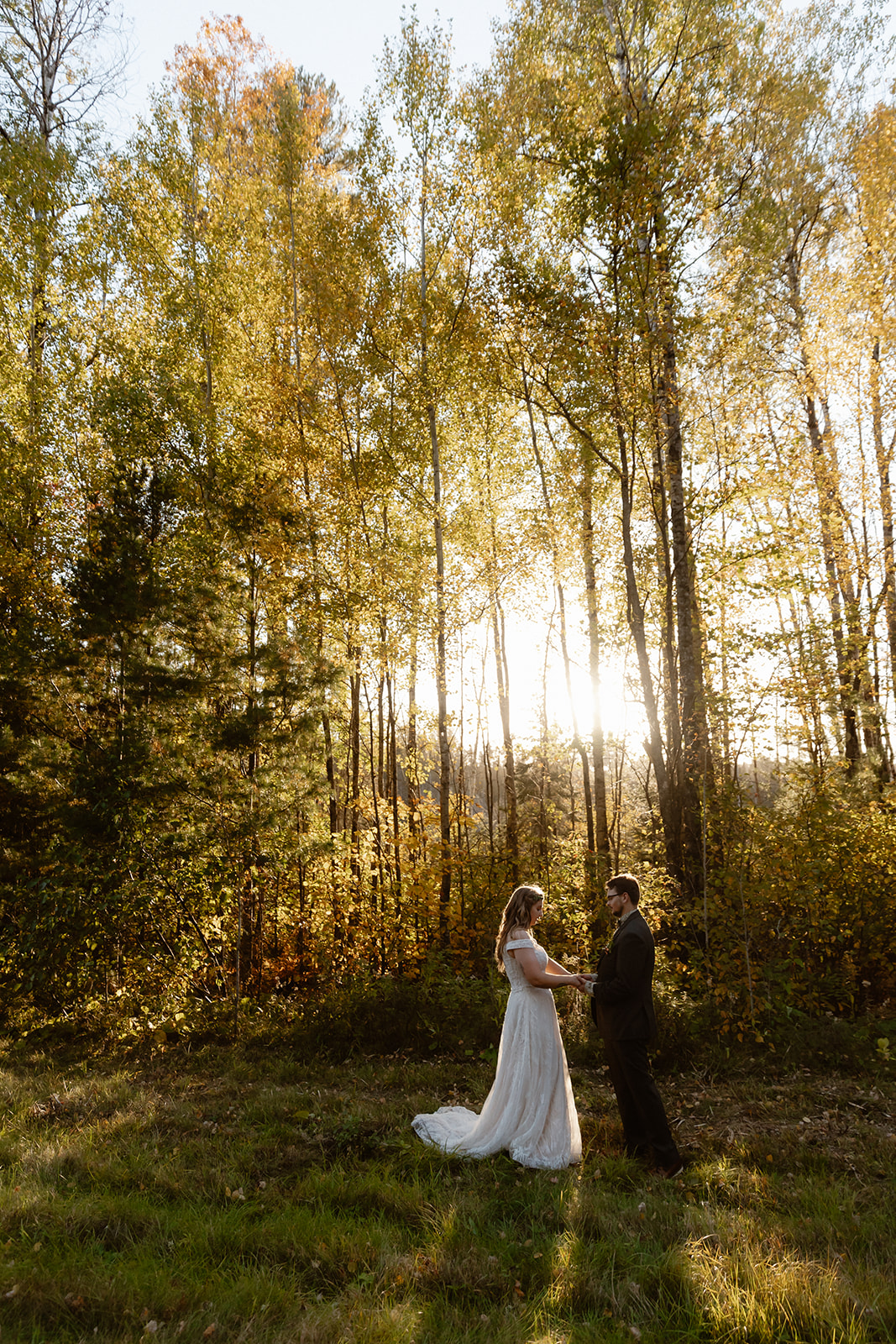 Couple in golden autumn birch forest light at a Voyageurs National Park elopement